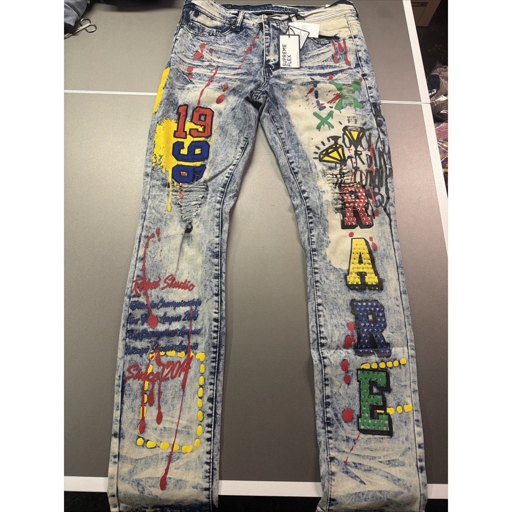 Rue 21 Premium Men'sBlue Design Patch Distressed Jean Skinny Fit Jean 30x32 NWT